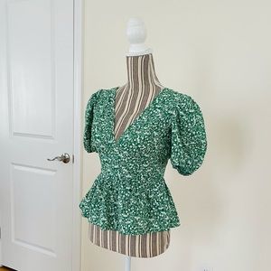 NWT Topshop Floral Green Peplum Shirt Blouse 2